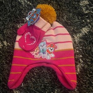 Pink and Orange Paw Patrol Hat and Mittens Set
